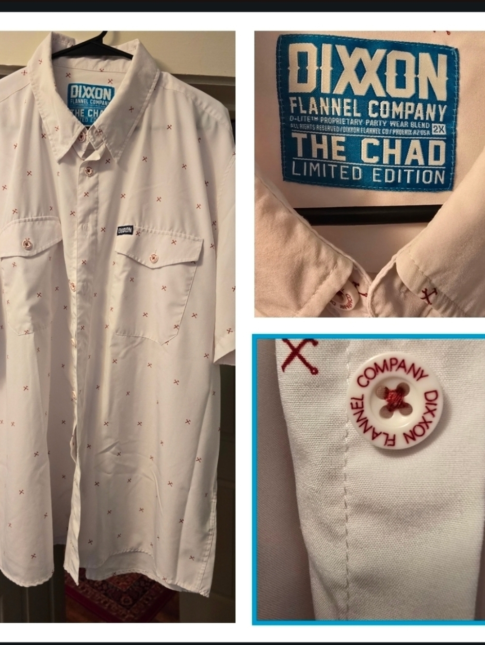 DIXXON The Chad White Short-Sleeve Button Down Shirt with Red Micro Cross Print